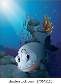 Illustration of a scary piranha near the rocks on a white background