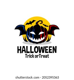 illustration of a scary pumpkin with a bat wing. halloween vector logo. illustration horror vector template.