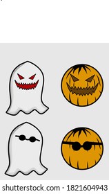 Illustration Scary pumpkin devil and White Ghost Vector For Halloween