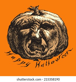 illustration of scary pumpkin on an orange background(Halloween)