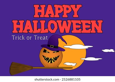 Illustration of a scary pumpkin wearing a witch hat flying with a broom against a full moon. Perfect for Halloween decorations.