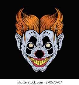 Illustration of scary red clown with yellow teeth.
