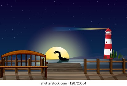 Illustration of a scary sea creature near the wooden bridge