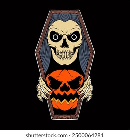 Illustration of a scary skull emerging from a coffin and holding a halloween pumpkin