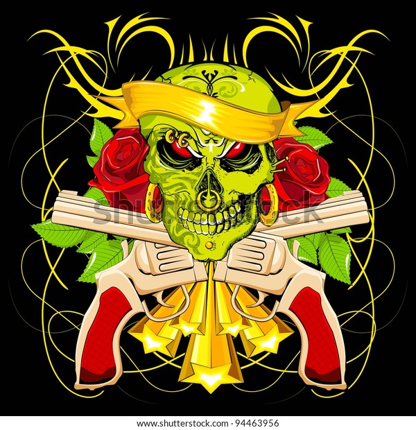 Illustration Scary Skull Rose Gun On Stock Vector (Royalty Free) 94463956