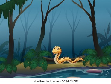 Illustration of a scary snake in the forest near the pond