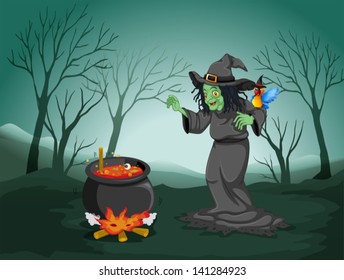 Illustration of a scary witch at the forest with a pot and a bird