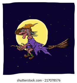 illustration of scary witch on a broomstick in the night sky