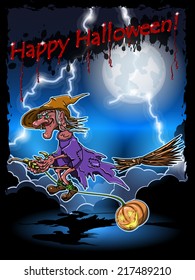 illustration of scary witch on a broomstick in the night sky