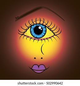 illustration with scary woman cyclops face, bright yellow light