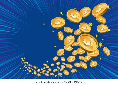 Illustration of scattered coins (dollar, US dollar), finance, gambling image illustration, background material, radiation, concentration line