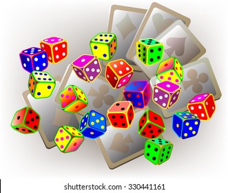 Illustration of scattered dices and cards, vector image