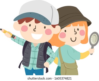 Illustration of Scavenger Hunt Partners, the Kid Boy Holding a Pencil and the Kid Girl Holding a Magnifying Glass