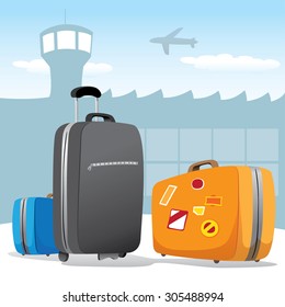 Illustration scenario set of bags and luggage at the airport. Ideal for catalogs, information and travel guides