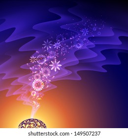 Illustration of a scene about burning incense in meditation or spa,  smoke and petals floating from a retro incense burner. All effects are created with transparency, gradients and mesh. 
