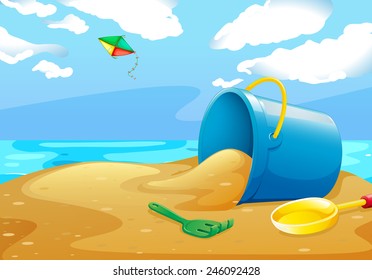 Illustration of a scene of a beach with toys