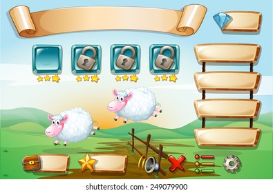 Illustration of a scene from a computer game with sheeps