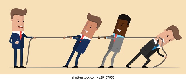 Illustration of a scene of rope tugging where three businessman try hard to cope with one experienced businessman . vector illustration