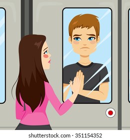 Illustration scene of two young lovers on a farewell train moment