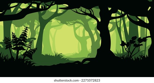 illustration of scene view on dense old forest in green color layer cartoon style