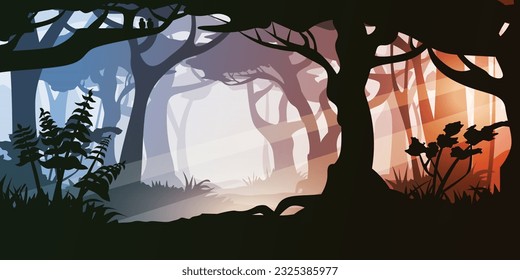 illustration of scene view on dense old forest in multi color layer cartoon style parallax ready