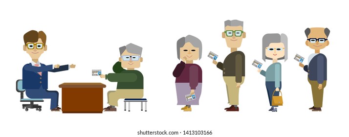 Illustration of a scene where elderly drivers are returning their driver's licenses to government officials in order