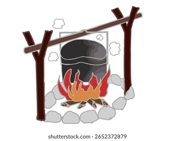 Ilustração de uma cena onde as pessoas cozinham arroz usando uma panela de arroz sobre uma fogueira ao ar livre