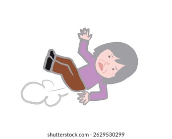 Illustration of a scene where a white-haired woman falls and hits her back