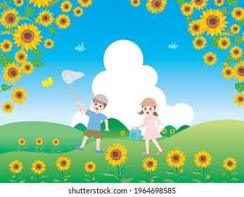 Illustration of the scenery of children playing in the sunflower field in the summer