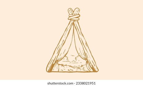 Illustration of the scenery outside the tent that is very beautiful, vintage, and outline style