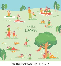 Illustration of the scenery of people spending time in the lawn square