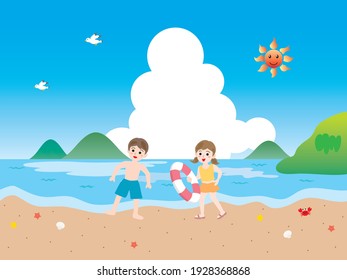 Illustration of the scenery that children swim in the sea