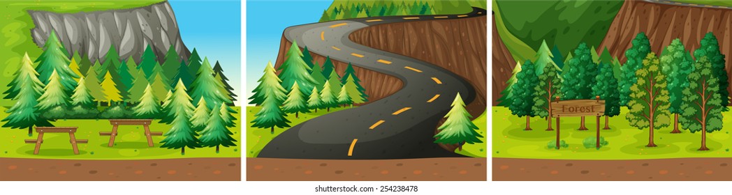 Illustration of scenes from a national park with road