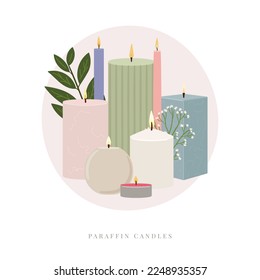Illustration of scented burning candles. Paraffin pillar candles with greenery and abstract shape. Aroma candles collection. Home aromatherapy, hygge decorative candles. Hand draw vector illustration