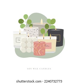 Illustration of scented burning candles. Soy wax candles with greenery and abstract shape. Aroma candles collection. Home aromatherapy, hygge decorative candles. Hand draw vector illustration