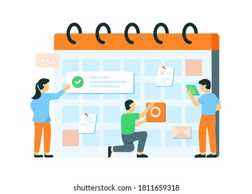 ilustración del concepto de planificación de programación, grupo de personas hace cronogramas y notas en el calendario