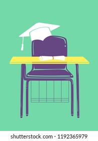 Illustration of a School Armchair with Graduation Cap and Diploma