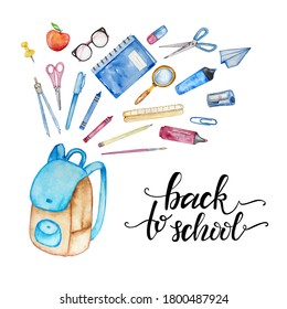 illustration school backpack school items and stationery with back to school lettering