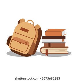 Illustration of a school backpack and a stack of books on a white background, perfect for education, study, learning, and back-to-school themes. Suitable for academic, library, and classroom projects.