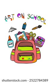 illustration of a school bag with craft items like glue pencil art paper crayon