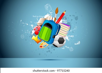 illustration of school bag,book,pencil and soccer ball on abstract background