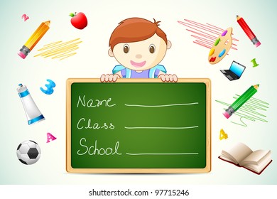illustration of school boy with chalkboard and education item