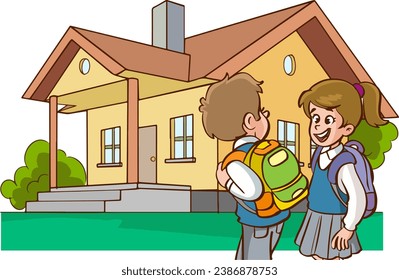 Illustration of a School Boy and Girl Wearing Backpacks going home