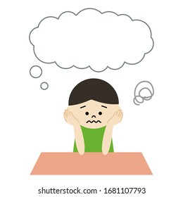 Ilustración de un escolar perdido en el pensamiento con burbuja de habla
