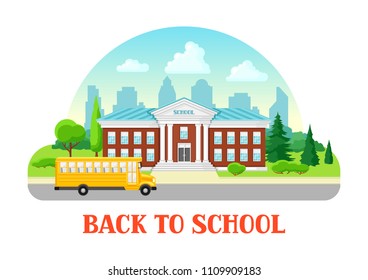 Illustration of school building and bus. City landscape with houses, trees and clouds.
