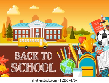 Illustration of school building and bus. City landscape with education items.