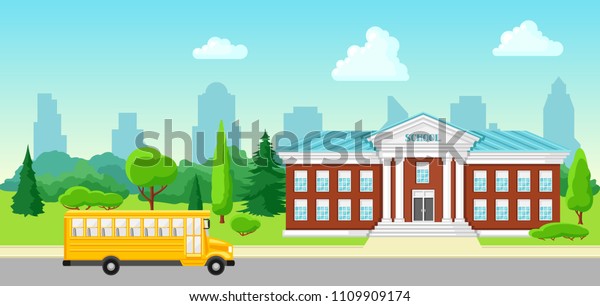 Illustration of school building and bus. City
landscape with houses, trees and
clouds.