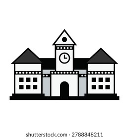 Illustration of a school building with a clock tower and entrance gate