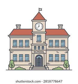 Illustration of a school building with a clock tower and red roof exterior architecture