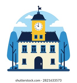 Illustration of a school building with a clock tower, trees, and a blue sky